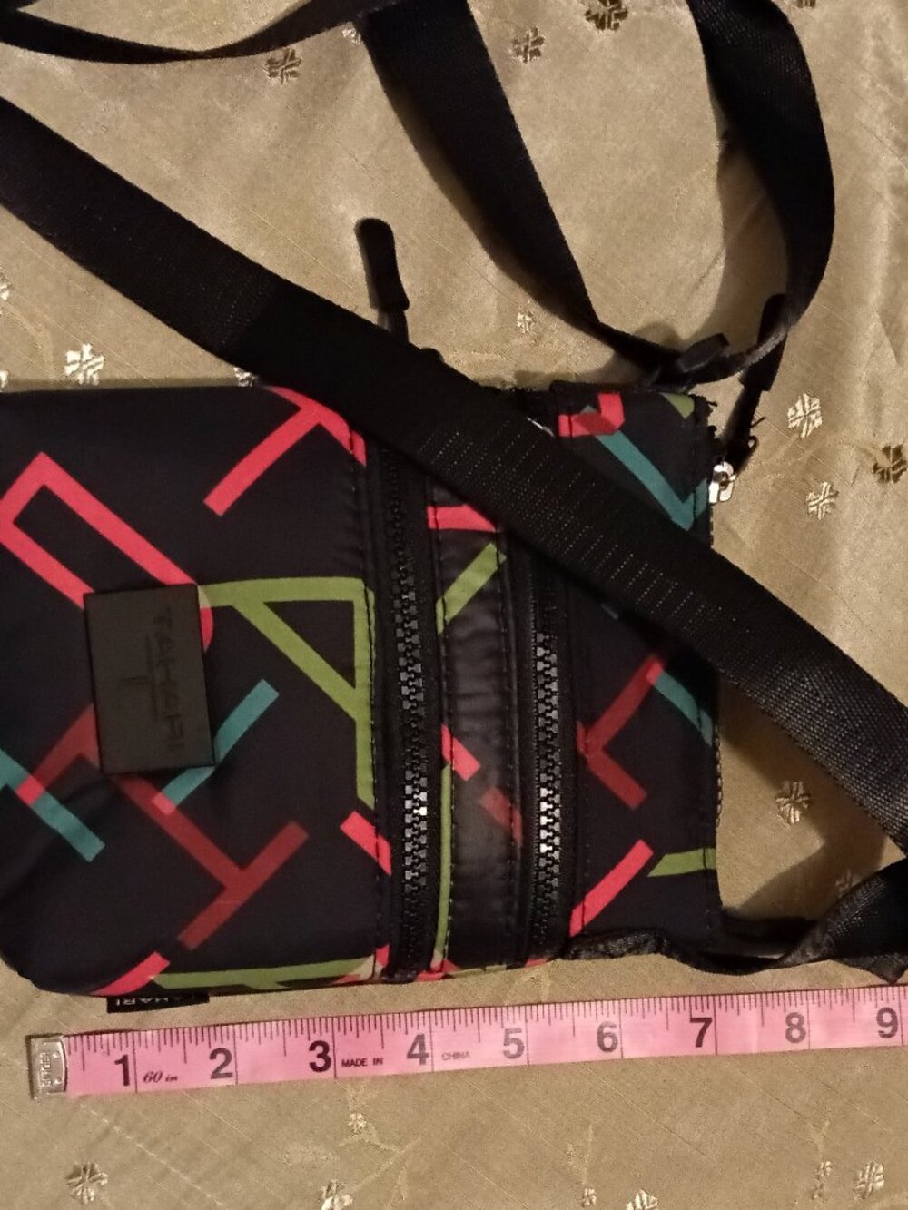 Tahari Triple Zip Crossbody Bag - Black Geometric Print - Picture 6 of 8